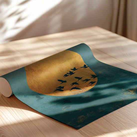 Poster Oiseaux zen - Envol serein sur un soleil doré et un ciel turquoise — Vierge - poster-enroullé