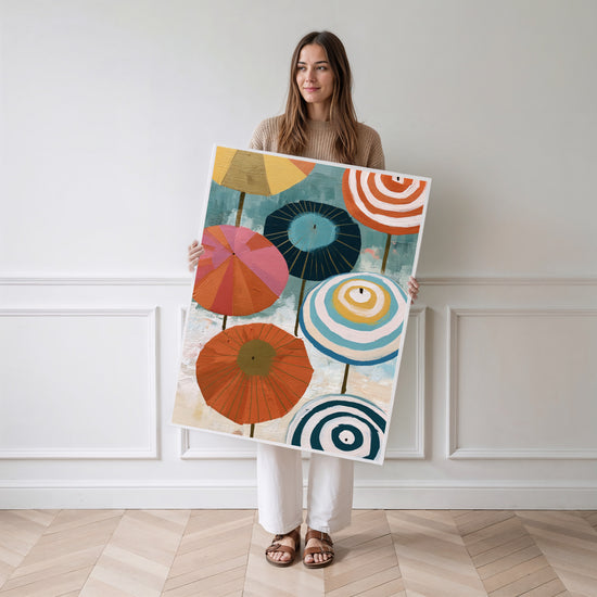 Poster Ombrelles japonaises - Ronds colorés et bonne humeur graphique — Vierge - poster-femme-debout