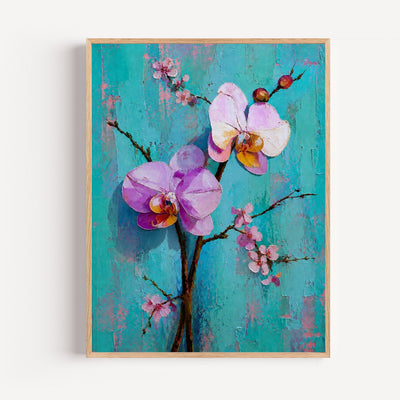 Poster Orchidées et cerisier - Douceur florale sur turquoise patiné
