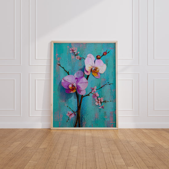 Poster Orchidées et cerisier - Douceur florale sur turquoise patiné — Vierge - living-room