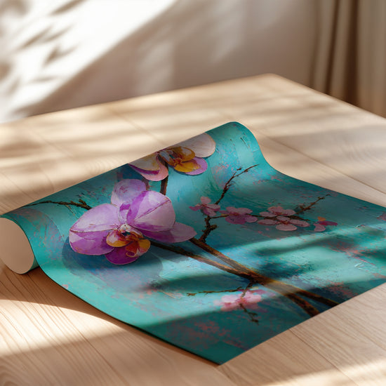 Poster Orchidées et cerisier - Douceur florale sur turquoise patiné — Vierge - poster-enroullé