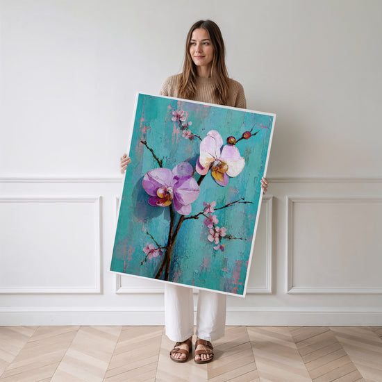 Poster Orchidées et cerisier - Douceur florale sur turquoise patiné — Vierge - poster-femme-debout