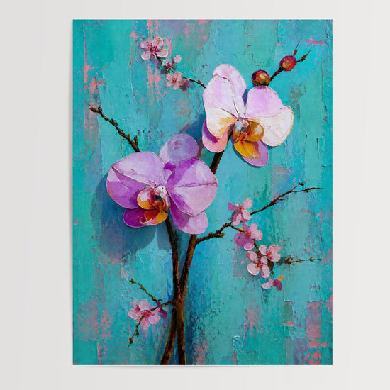 Poster Orchidées et cerisier - Douceur florale sur turquoise patiné — Vierge - poster-presentation-produit