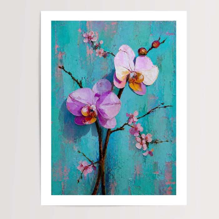 Poster Orchidées et cerisier - Douceur florale sur turquoise patiné — Vierge - poster-presentation-produit — passe-partout blanc