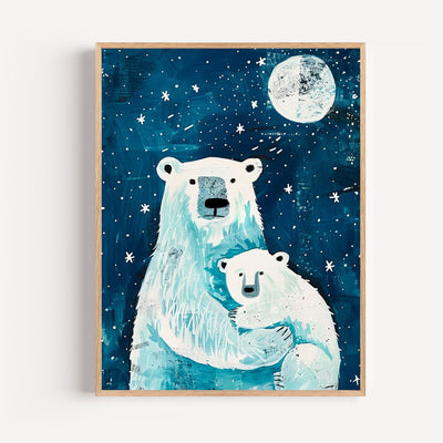 Polar Bear and Cub Under the Stars – Nursery Wall Art Print