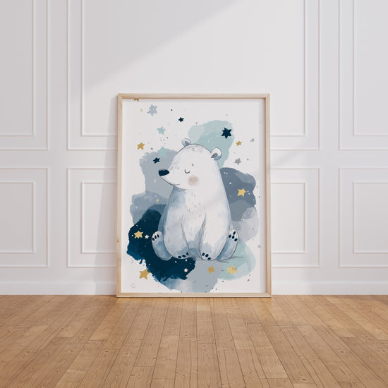 Poster Ours polaire - Petit dormeur sous un ciel d'étoiles — Vierge - living-room