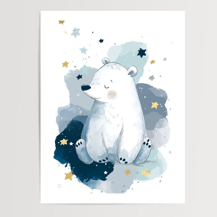 Poster Ours polaire - Petit dormeur sous un ciel d'étoiles — Vierge - poster-presentation-produit — passe-partout blanc