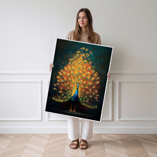 Poster Paon royal - L'éclat d'un plumage aux mille reflets — Vierge - poster-femme-debout