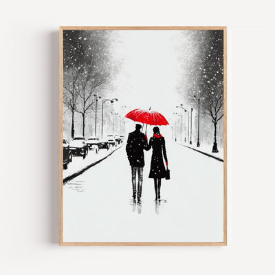 Poster Parapluie rouge - Tendresse d'un couple sous la neige