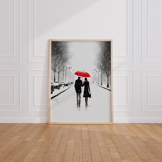 Poster Parapluie rouge - Tendresse d'un couple sous la neige — Vierge - living-room