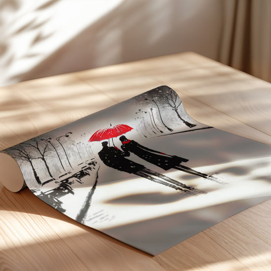 Poster Parapluie rouge - Tendresse d'un couple sous la neige — Vierge - poster-enroullé