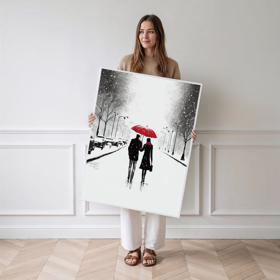 Poster Parapluie rouge - Tendresse d'un couple sous la neige — Vierge - poster-femme-debout