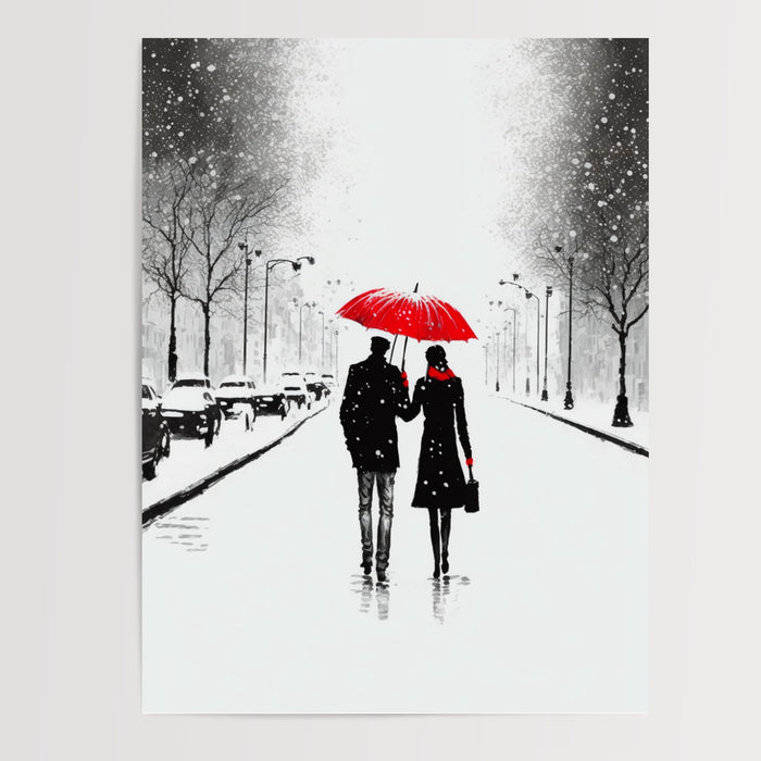 Poster Parapluie rouge - Tendresse d'un couple sous la neige — Vierge - poster-presentation-produit