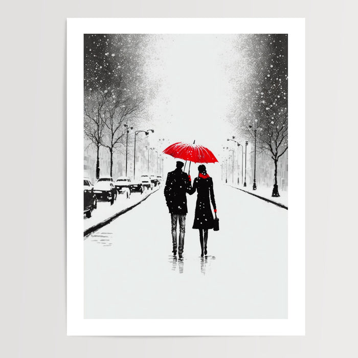 Poster Parapluie rouge - Tendresse d'un couple sous la neige — Vierge - poster-presentation-produit — passe-partout blanc