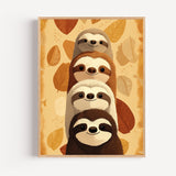 Poster Paresseux d'automne - Quatre sourires blottis dans les feuilles