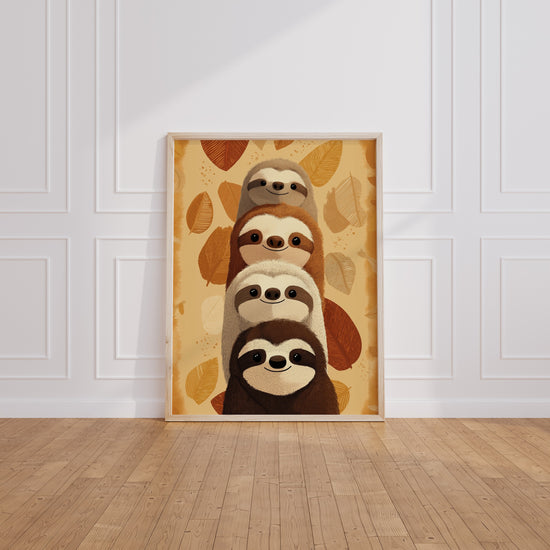 Poster Paresseux d'automne - Quatre sourires blottis dans les feuilles — Vierge - living-room