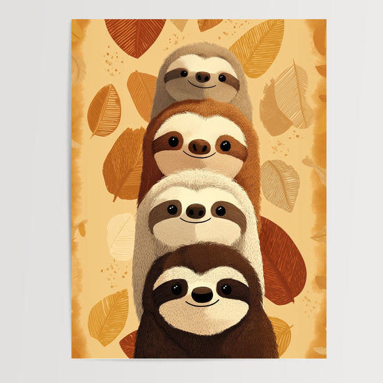 Poster Paresseux d'automne - Quatre sourires blottis dans les feuilles — Vierge - poster-presentation-produit