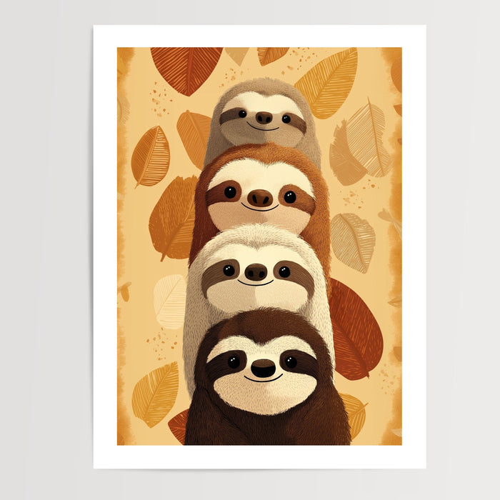 Poster Paresseux d'automne - Quatre sourires blottis dans les feuilles — Vierge - poster-presentation-produit — passe-partout blanc