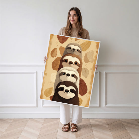 Poster Paresseux d'automne - Quatre sourires blottis dans les feuilles — Vierge - poster-femme-debout