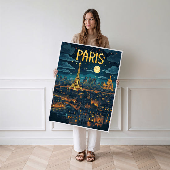 Poster Paris nocturne - La Tour Eiffel sous le charme de la nuit — Vierge - poster-femme-debout