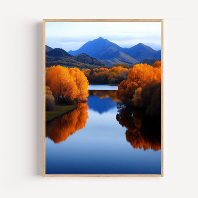Poster Paysage d’automne - Rivière dorée sous les montagnes