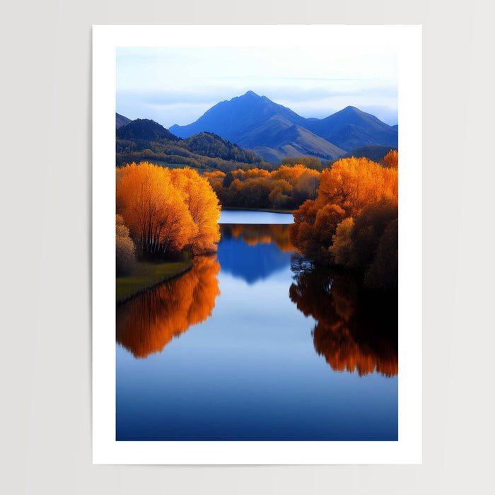 Poster Paysage d’automne - Rivière dorée sous les montagnes — Vierge - poster-presentation-produit — passe-partout blanc