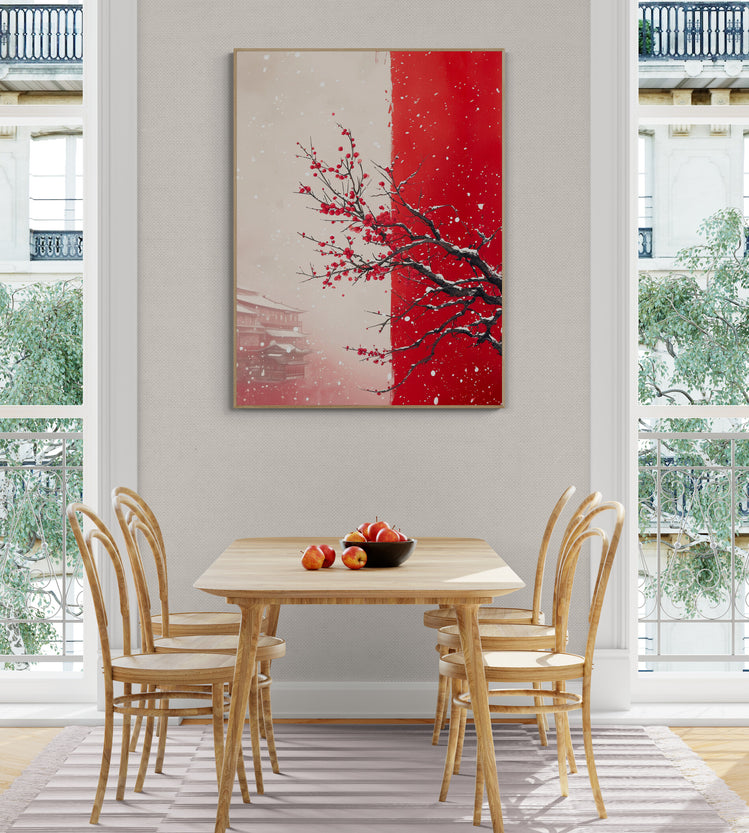 Tableau japonais cerisier rouge, décoration murale moderne, salle à manger épurée