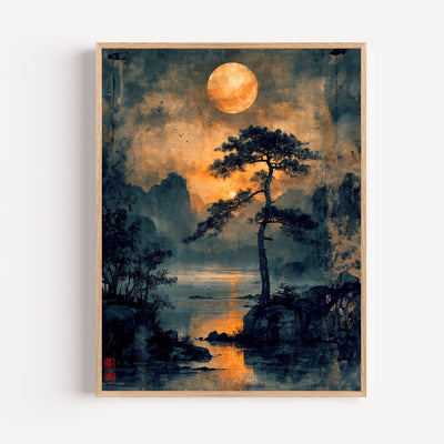 Japanese Ink Landscape Wall Art – Moonlit Serenity, Lone Tree