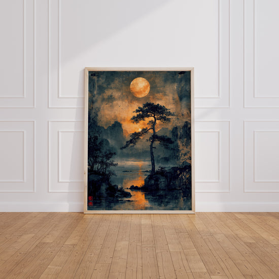Poster Paysage japonais - Sérénité lunaire à l'encre de Chine — Vierge - living-room