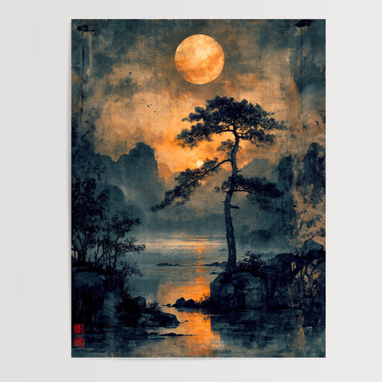 Poster Paysage japonais - Sérénité lunaire à l'encre de Chine — Vierge - poster-presentation-produit