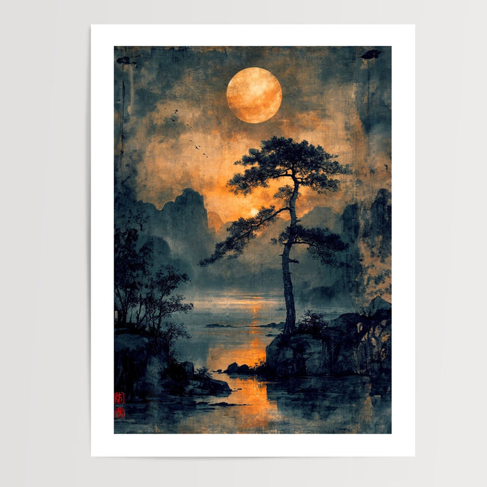 Poster Paysage japonais - Sérénité lunaire à l'encre de Chine — Vierge - poster-presentation-produit — passe-partout blanc