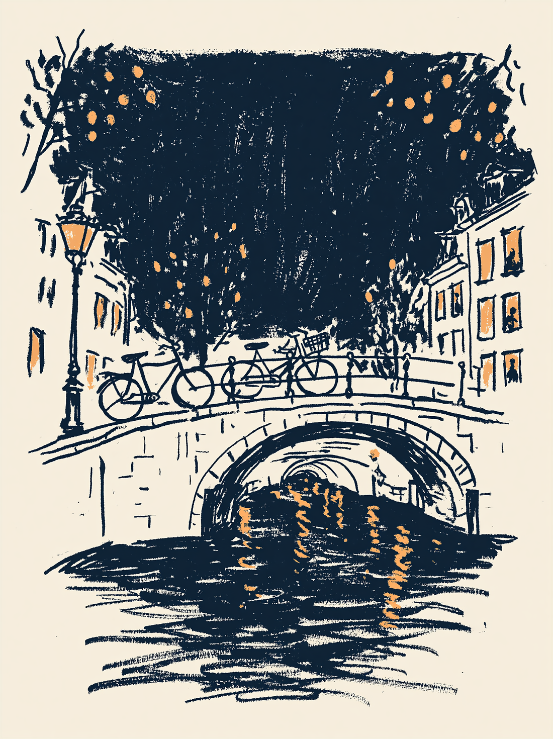 Poster & affiche Amsterdam - Canaux au crépuscule en bleu nuit et lumières dorées
