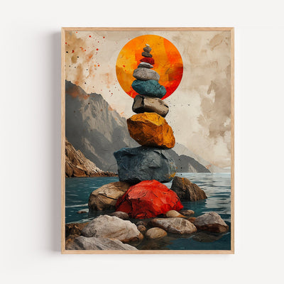 Zen-Poster – Steine im Gleichgewicht bei Sonnenuntergang