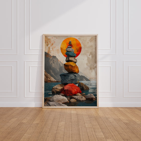 Poster Paysage zen - Pierres en équilibre au soleil couchant — Vierge - living-room
