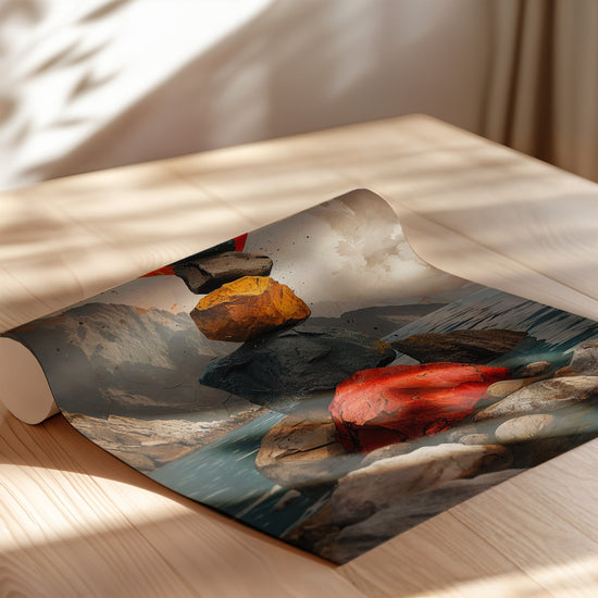 Poster Paysage zen - Pierres en équilibre au soleil couchant — Vierge - poster-enroullé