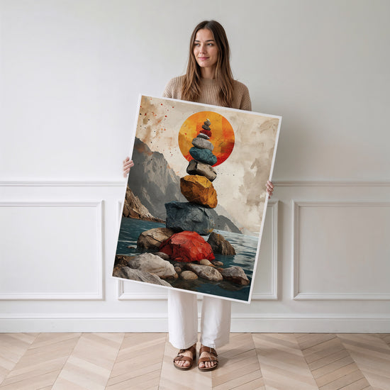 Poster Paysage zen - Pierres en équilibre au soleil couchant — Vierge - poster-femme-debout