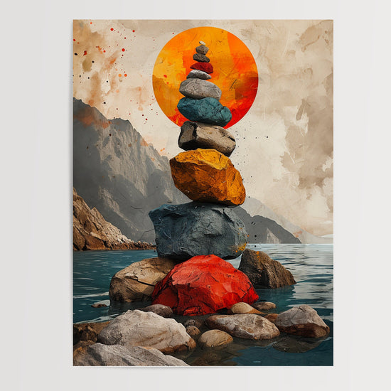 Poster Paysage zen - Pierres en équilibre au soleil couchant — Vierge - poster-presentation-produit