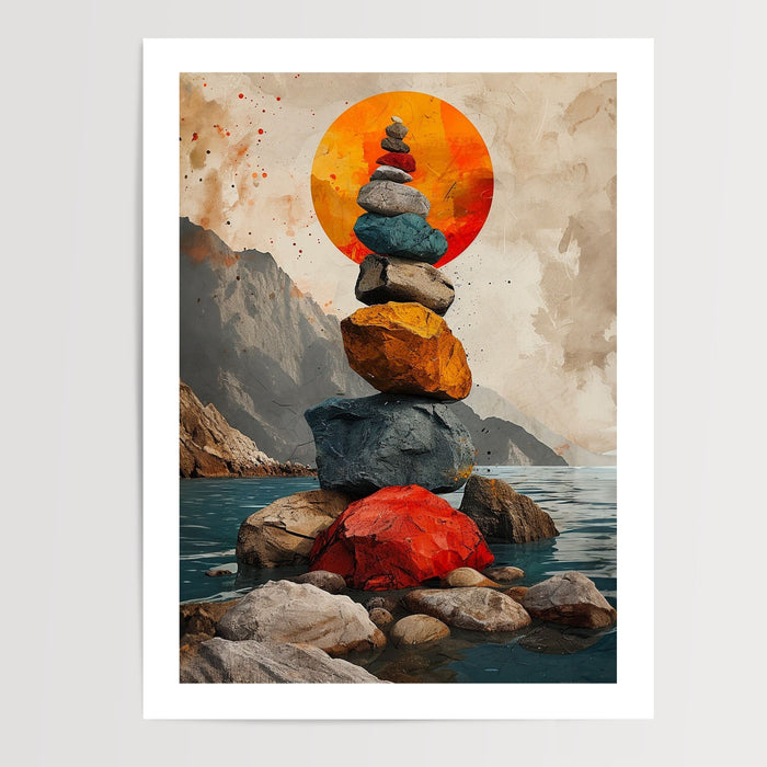 Poster Paysage zen - Pierres en équilibre au soleil couchant — Vierge - poster-presentation-produit — passe-partout blanc