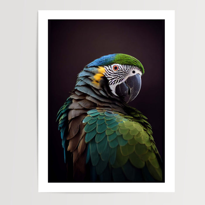 Poster Perroquet - Éclat tropical aux plumes bleu et vert — Vierge - poster-presentation-produit — passe-partout blanc