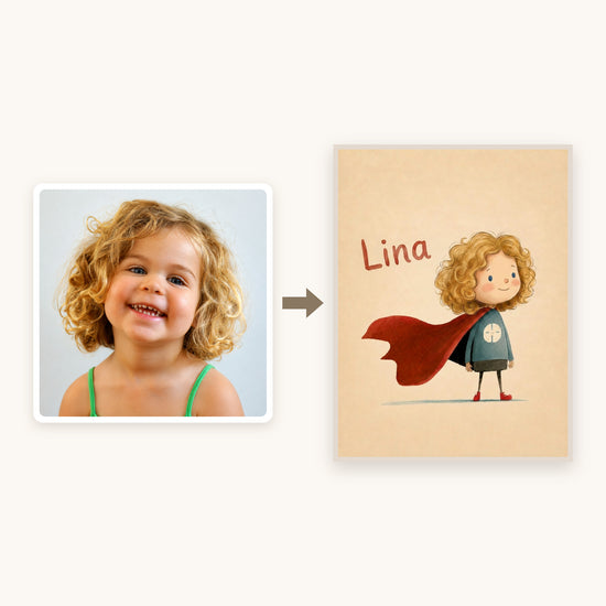 Poster personnalisé enfant super-héros avec prénom Lucas cape rouge fond beige style aquarelle — avant / après : de la photo au tableau