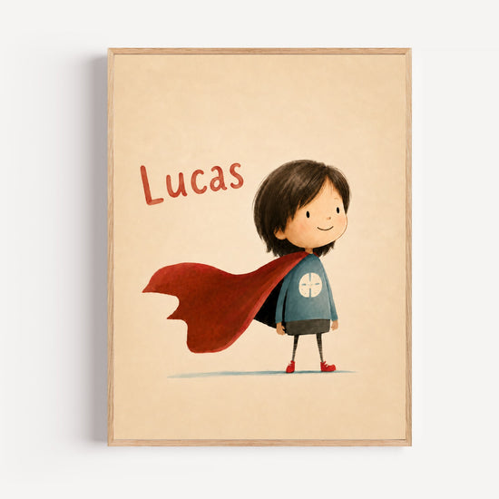 Poster personnalisé enfant super-héros avec prénom Lucas cape rouge fond beige style aquarelle