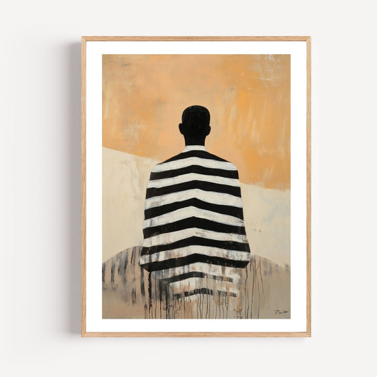 Poster personnalisé famille silhouette homme rayures noir blanc fond ocre art contemporain — passe-partout blanc