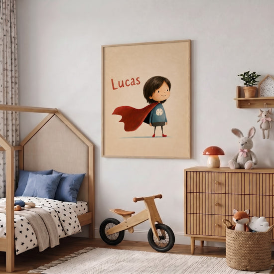 Poster personnalisé enfant super-héros prénom Lucas cape rouge aquarelle décoration chambre garçon