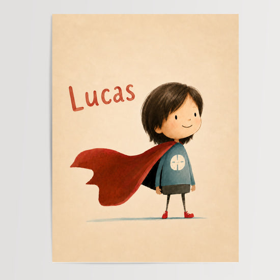Poster personnalisé enfant super-héros prénom Lucas cape rouge aquarelle pour décoration chambre garçon