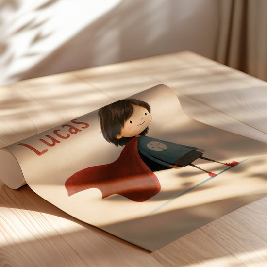 Poster personnalisé enfant super-héros prénom Lucas cape rouge aquarelle roulé prêt à encadrer