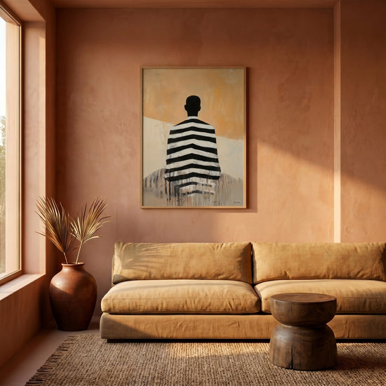 Poster personnalisé famille silhouette homme rayures noir blanc fond ocre décoration salon moderne