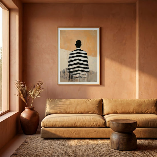 Poster personnalisé famille silhouette homme rayures noir blanc fond ocre décoration salon moderne — passe-partout blanc