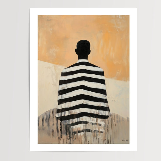 Poster personnalisé famille silhouette masculine rayures noir blanc ocre art contemporain décoration murale — passe-partout blanc