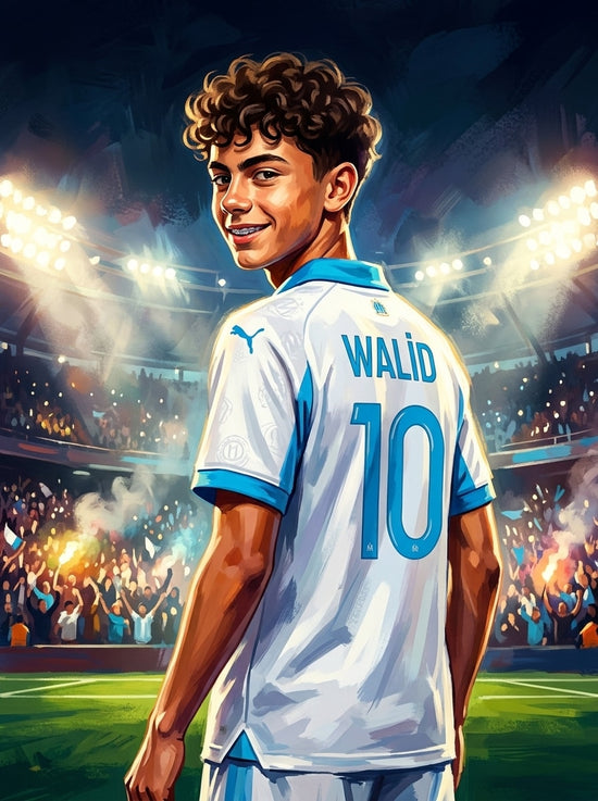 Personalized soccer poster: smiling teen in a Marseille white jersey, name and number 10 on the back
