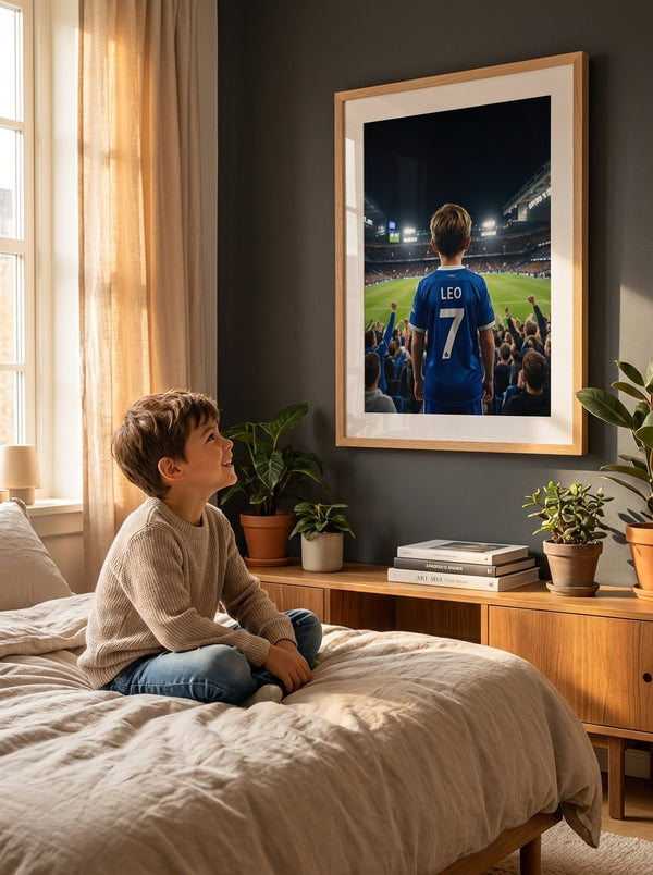 Enfant émerveillé découvrant son poster de foot personnalisé encadré au mur de sa chambre